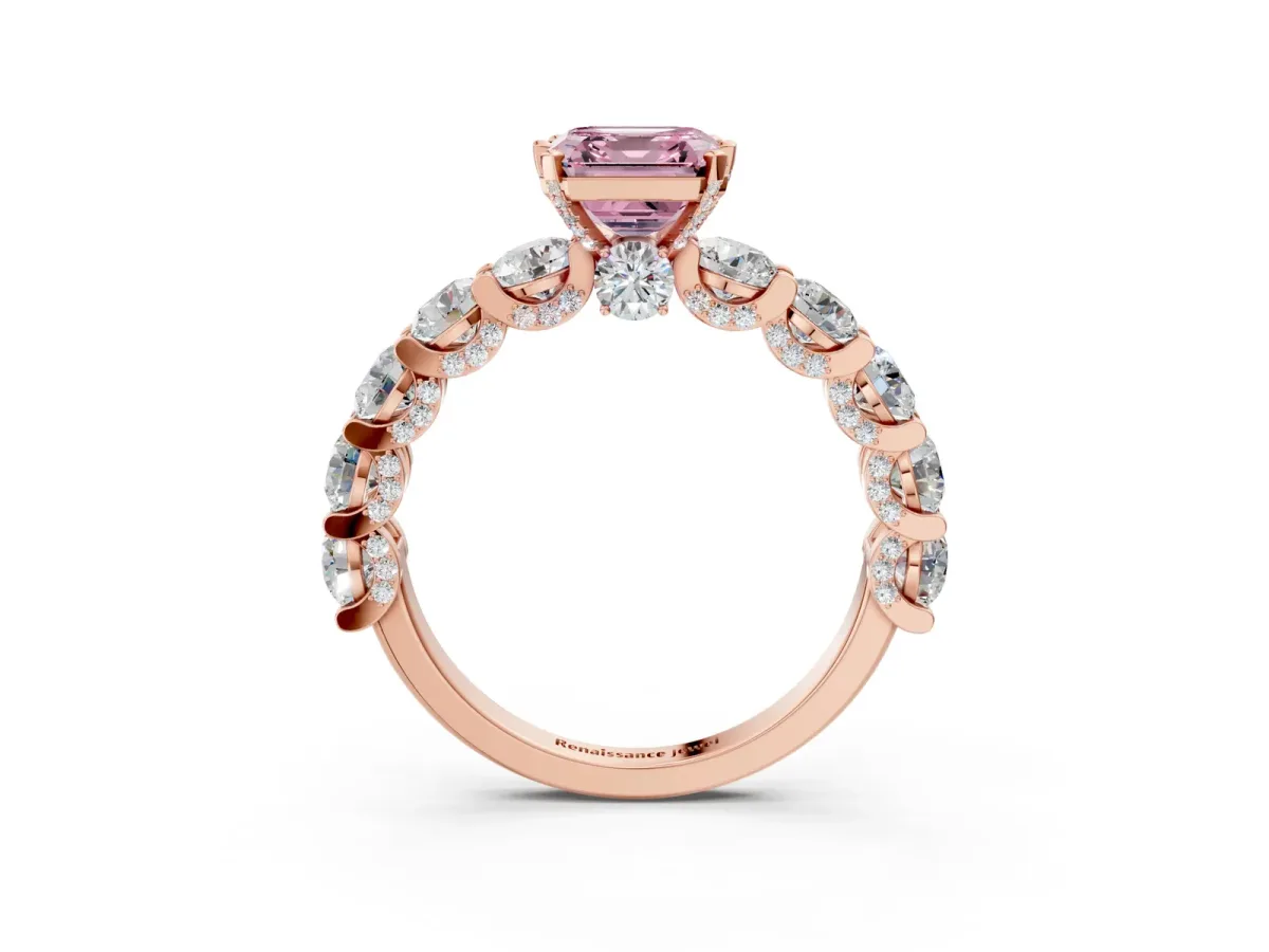 Fancy Pink Asscher Cut Diamond Side Stone Engagement Ring with Four-Prong Setting Rose gold