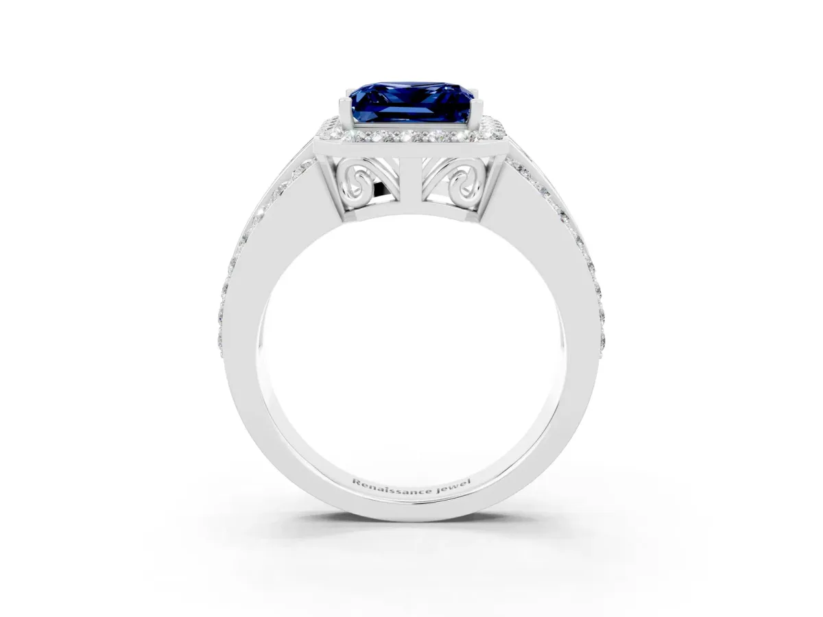 Princess Cut Halo Blue Sapphire Ring with Round Split Shank and Prong Setting Silver
