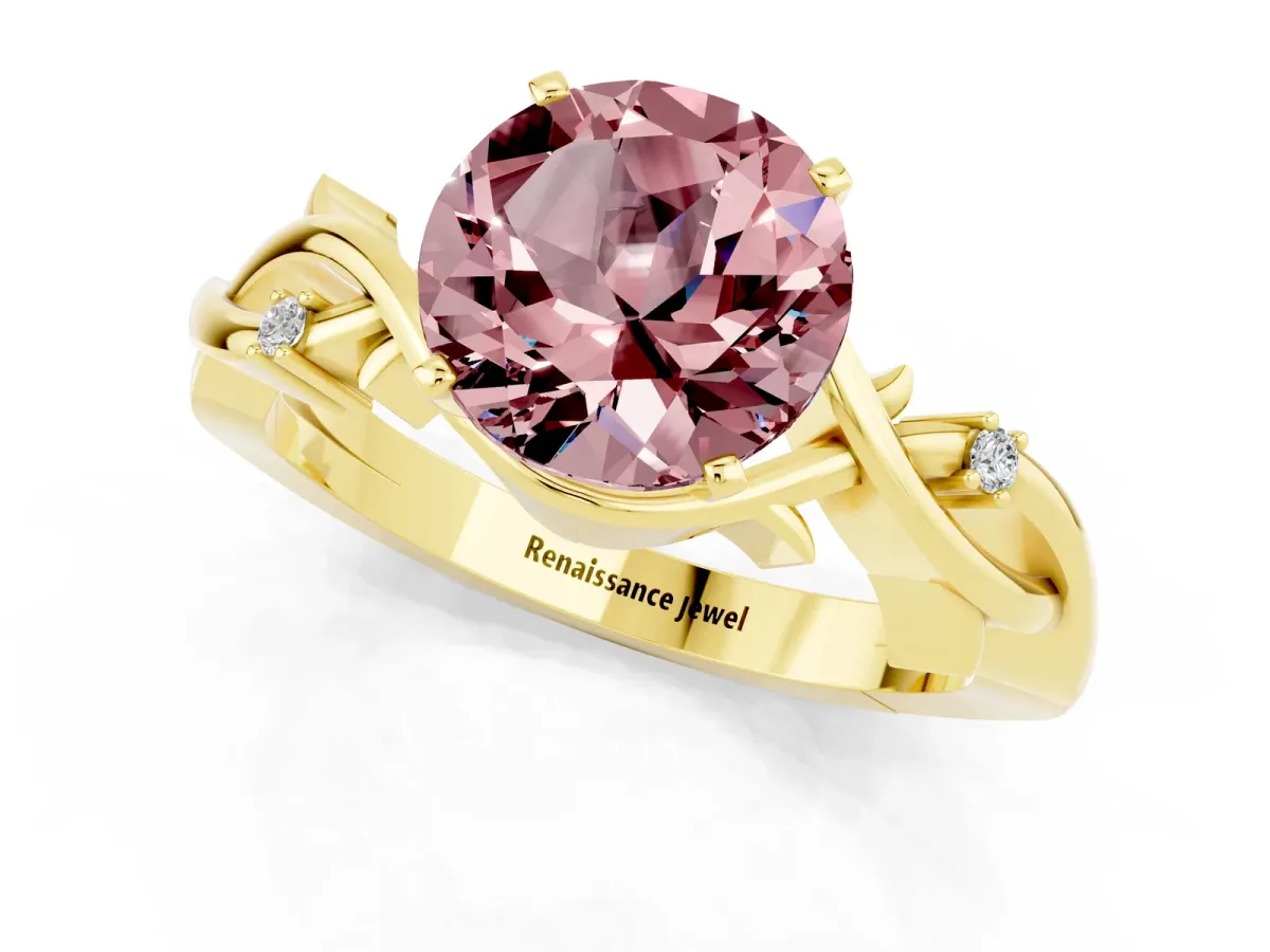 Round Cut Morganite Solitaire Ring with Twisted Band and Prong Setting Yellow gold