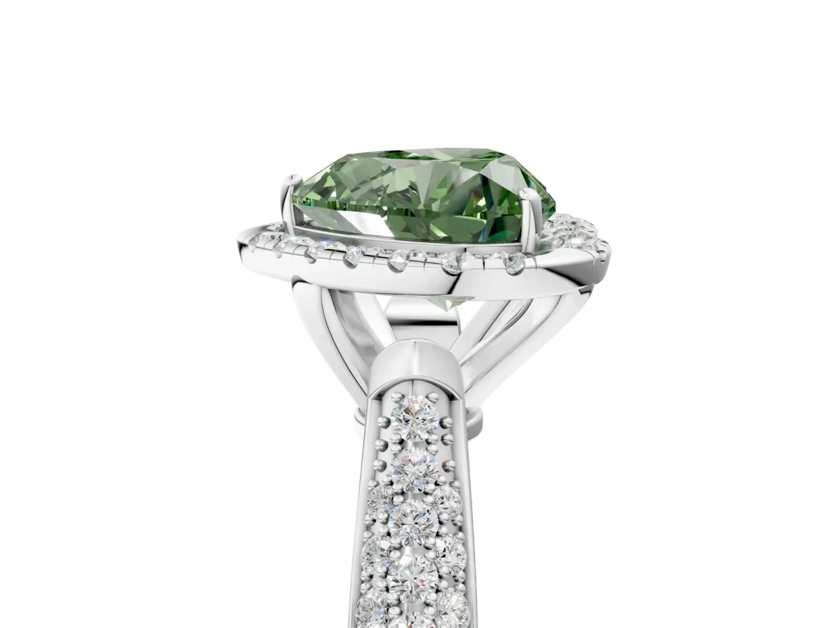 Fancy Green Heart Cut Cut Halo Pave Band Four-Prong Setting Ring Platinum