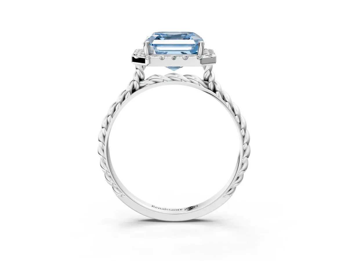 Fancy Blue Asscher Cut Halo Twisted Band Four-Prong Diamond Ring Platinum