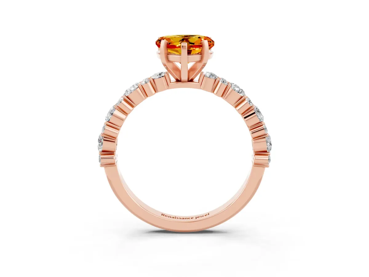 Heart Cut Citrine Side Stone Solitaire Ring with Round and Four-Prong Setting Rose gold