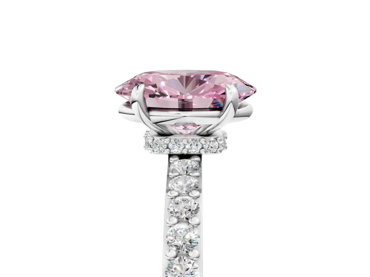 Fancy Pink Oval Cut Diamond Solitaire Engagement Ring with Pavé Band and Four-Prong Setting Silver