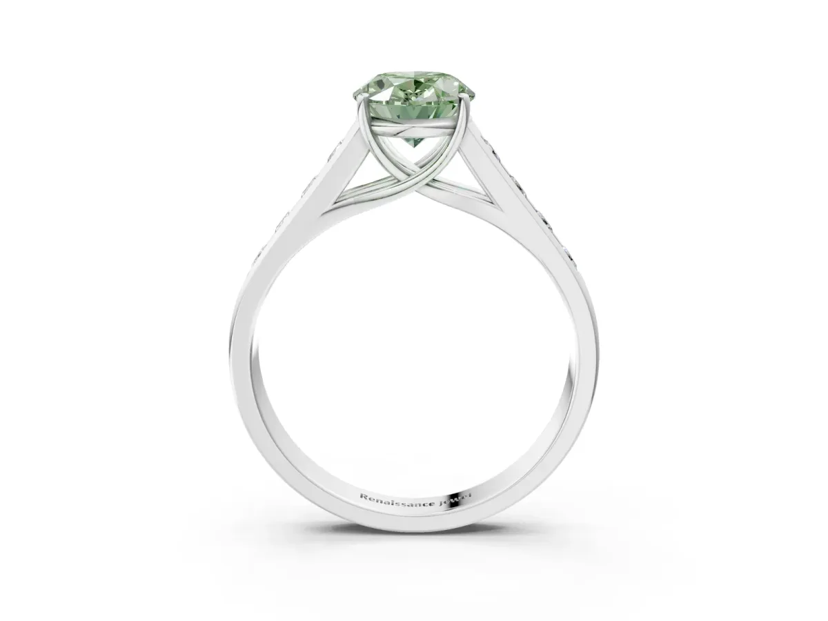 Fancy Green Oval Cut Brilliant Channel-Set Solitaire Ring with Four-Prong Setting White gold