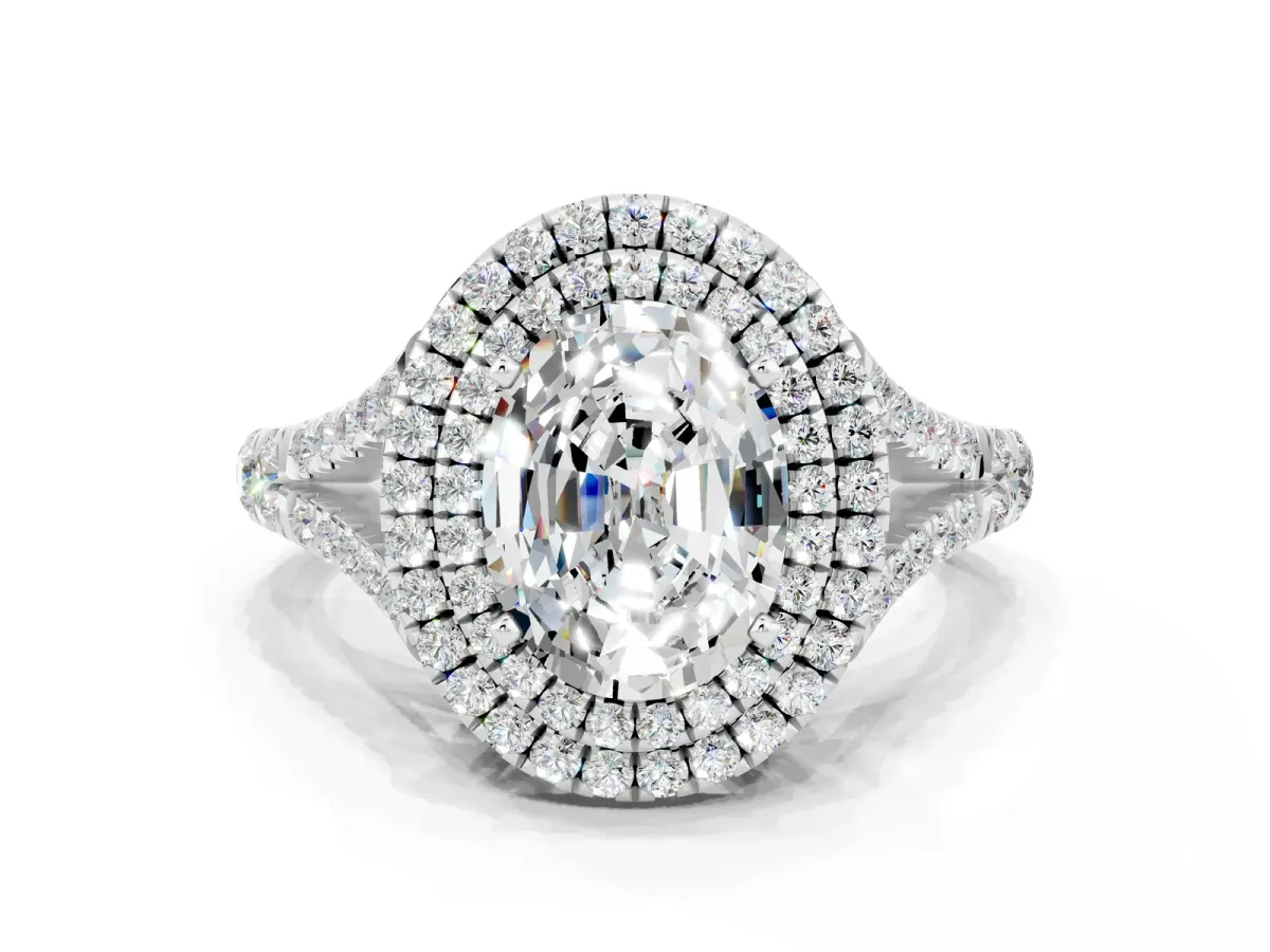 Double Halo Oval Cut Moissanite Pavé Split Shank Ring with Prong Setting Silver