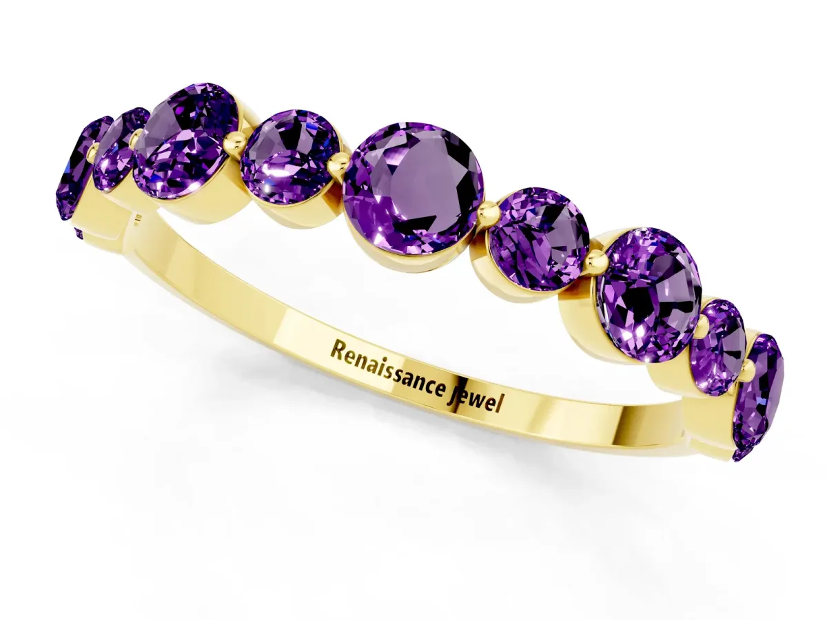 Round Amethyst Scalloped Prong Set Eternity Band Yellow gold