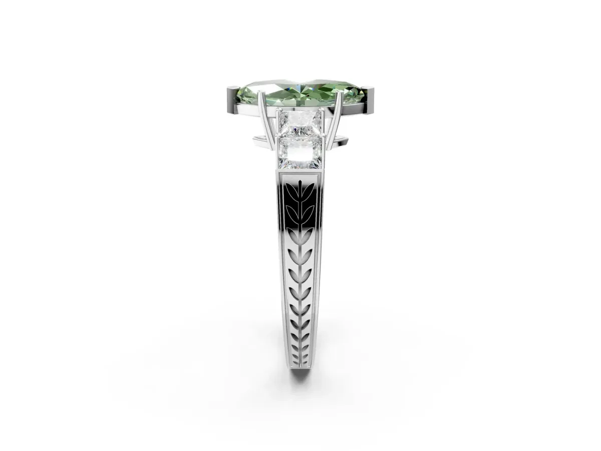 Fancy Green Marquise Cut Solitaire Princess Side Stone Engraved Band Prong Setting Ring Silver