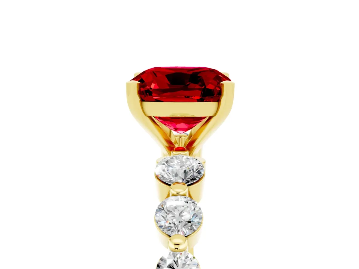 Cushion Cut Solitaire Ruby Ring with Pave Band and Four-Prong Setting Yellow gold