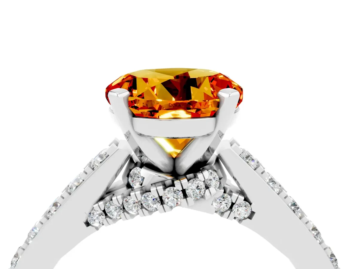 Round Cut Citrine Solitaire Ring with Crossover Gallery and Round Pavé Band Silver