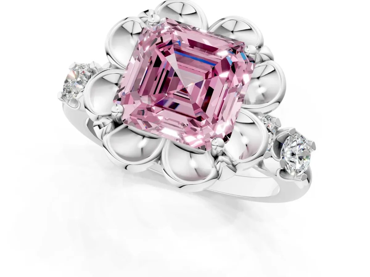 Fancy Pink Asscher Cut Cut Diamond Floral Halo Engagement Ring with Shared Prong Setting Silver
