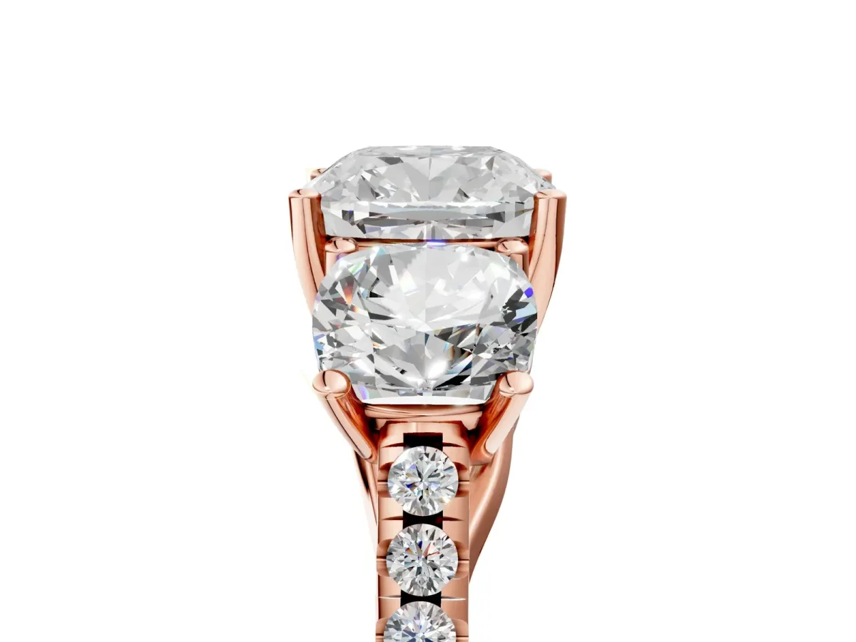 Three-Stone Cushion Cut Diamond Ring with Round Pavé Band and Prong Setting Rose gold