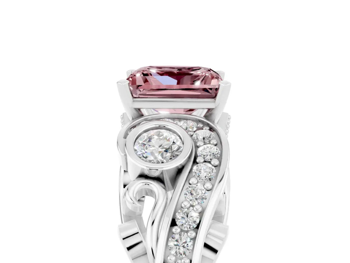 Princess Cut Morganite Solitaire Ring with Milgrain Pavé Band and Four-Prong Setting Silver