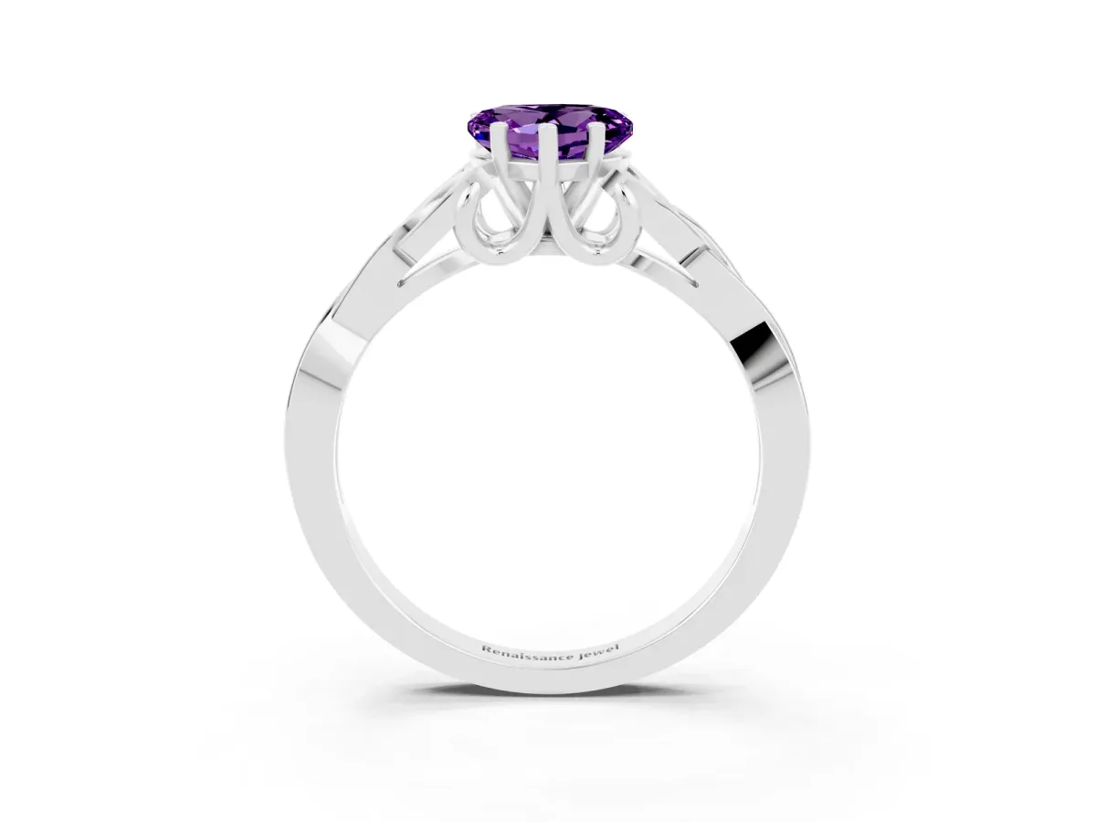 Heart Cut Amethyst Solitaire Engagement Ring with Celtic Knot Band and Four-Prong Setting Silver