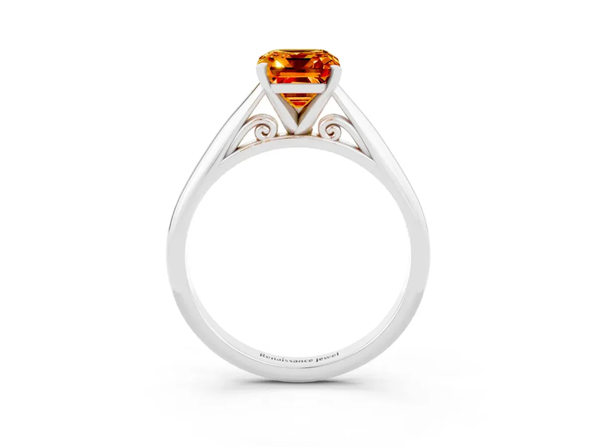 Emerald Cut Citrine Solitaire Engagement Ring with Cathedral Setting and Four-Prong Mount White gold