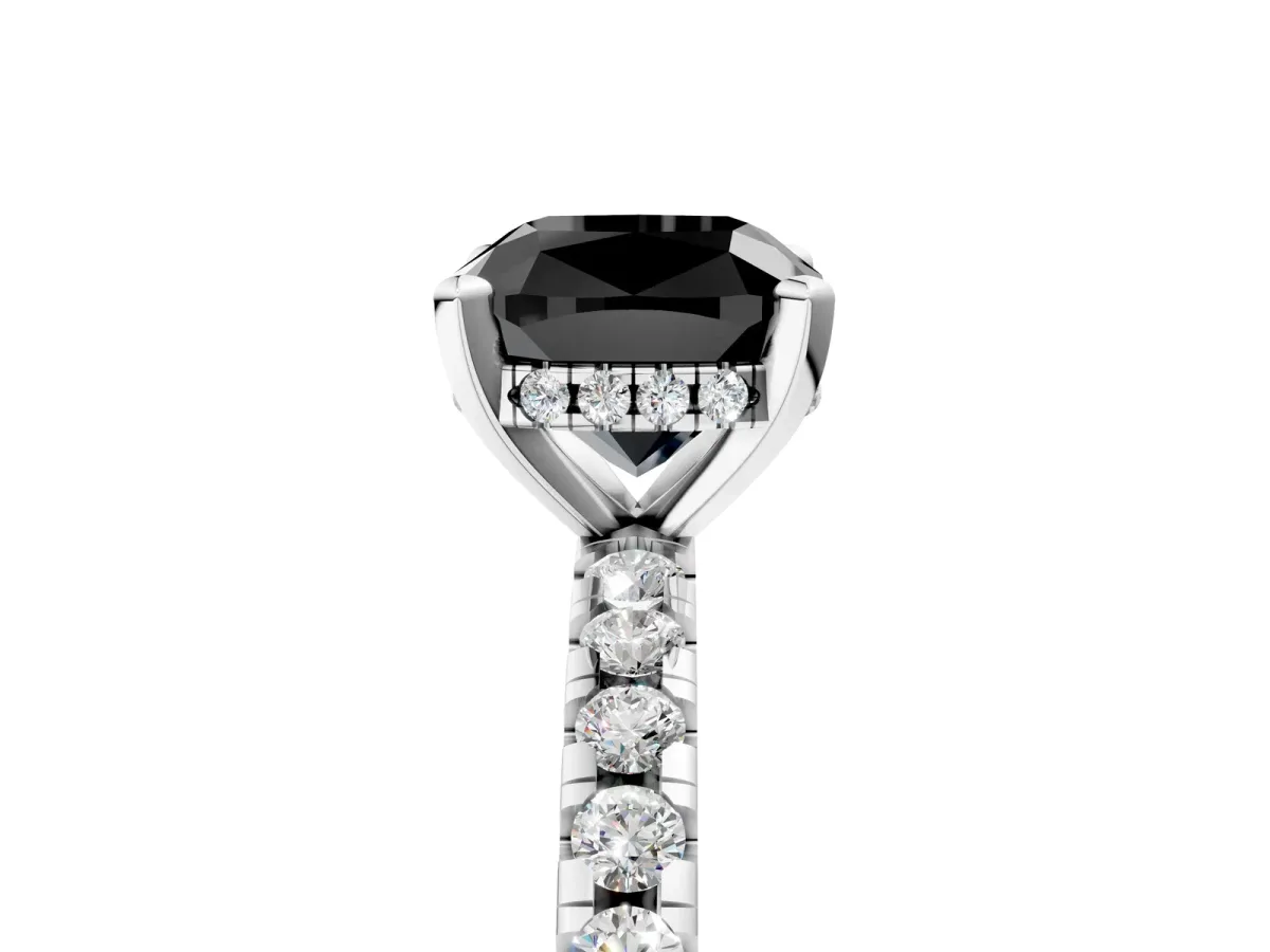 Fancy Black Cushion Cut Diamond Solitaire Ring with Round Pavé Band and Four-Prong Setting Silver