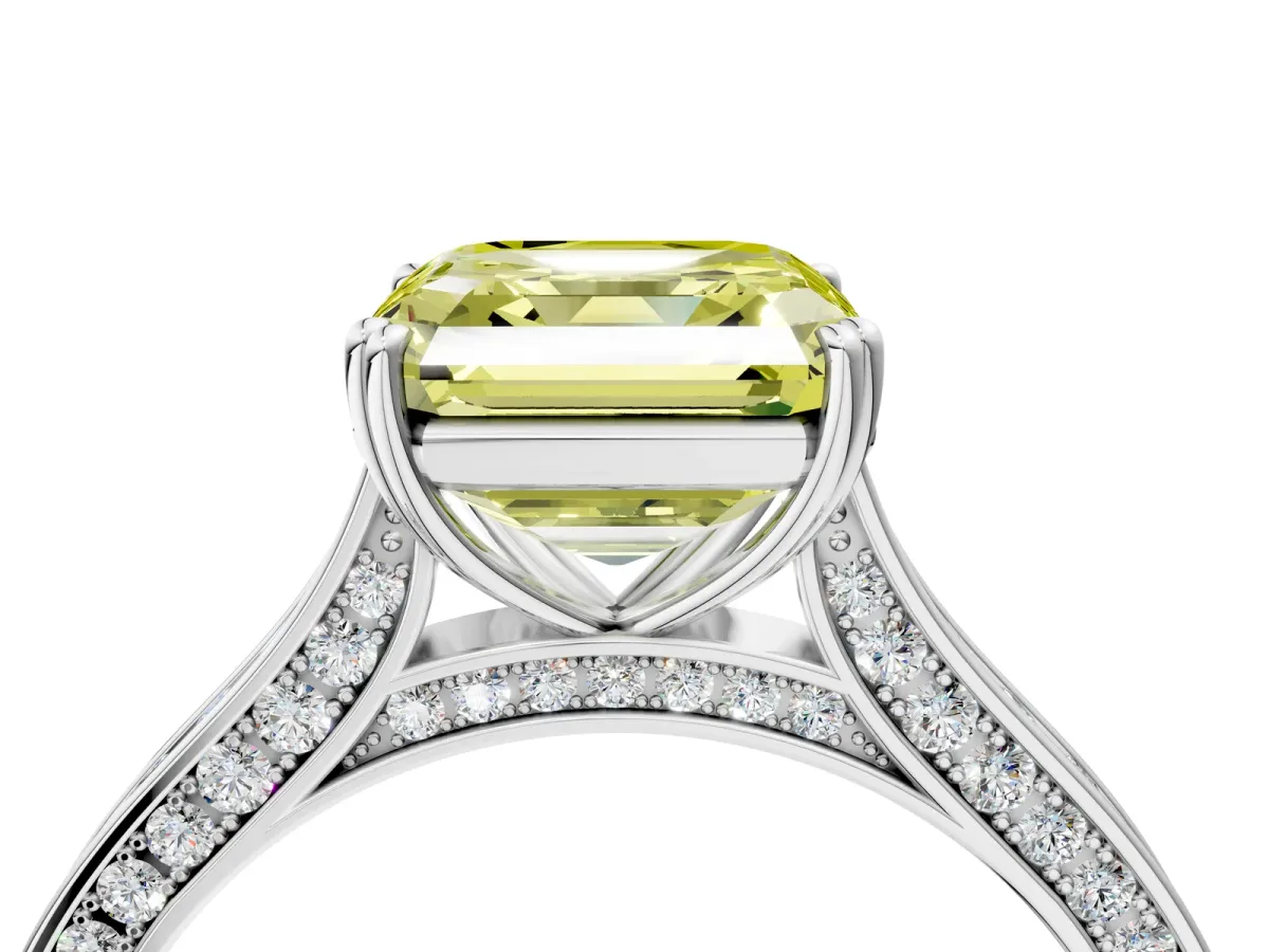 Fancy Yellow Asscher Cut Diamond Solitaire with Pave Band and Six-Prong Setting Platinum