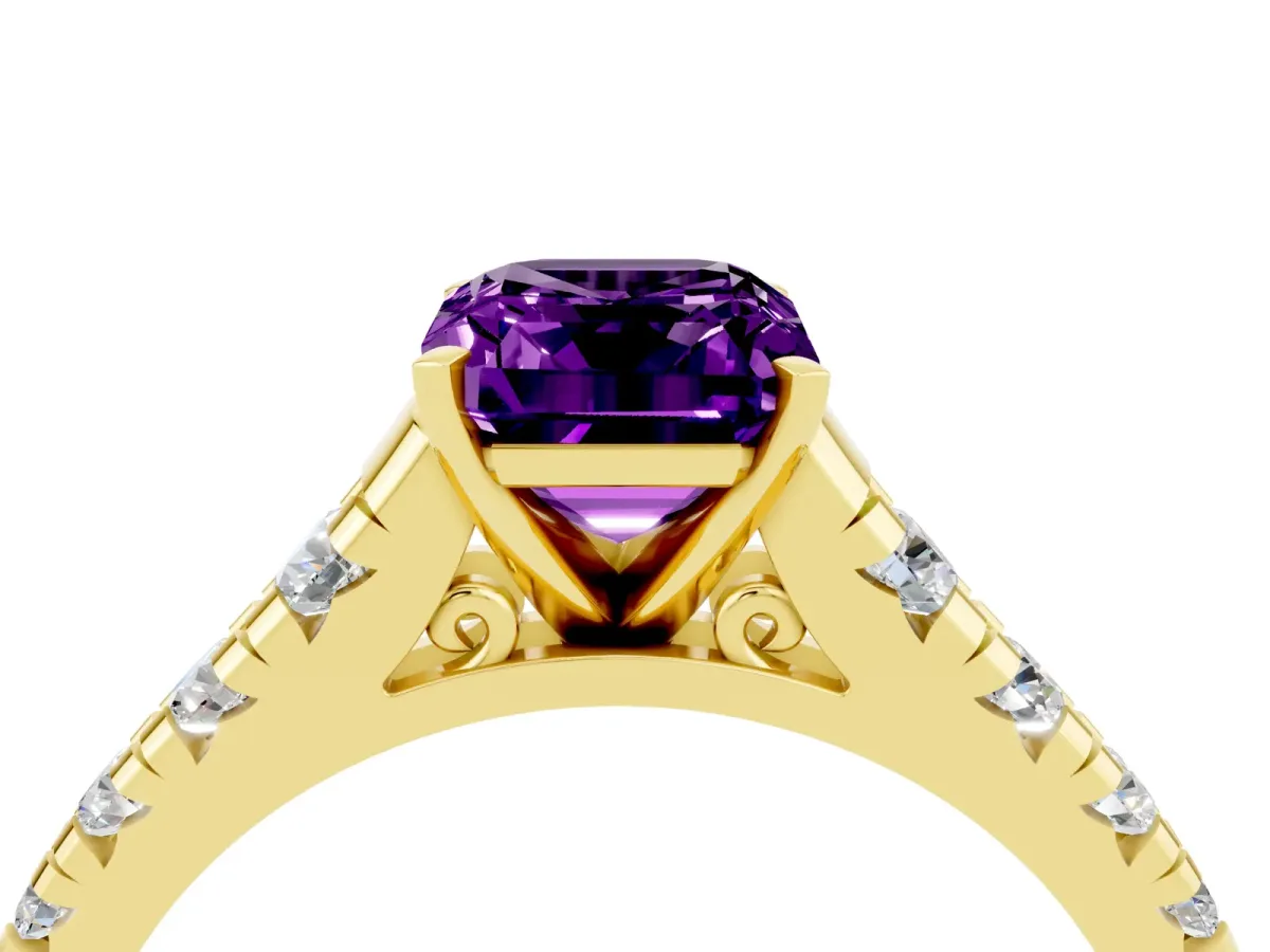 Emerald Cut Amethyst Cathedral Solitaire Ring with Round Pavé Band Yellow gold