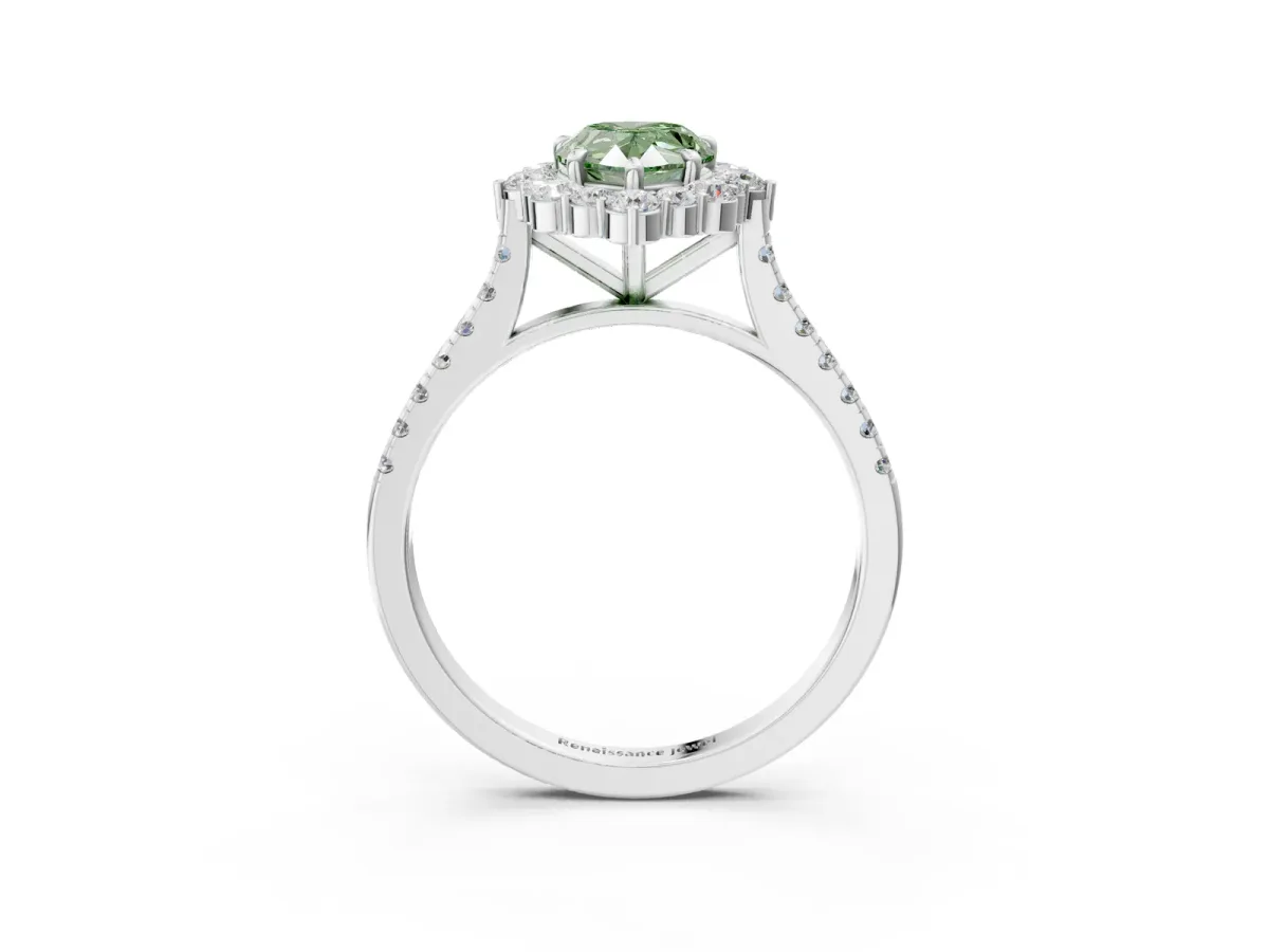 Fancy Green Pear Cut Halo Diamond Ring with Pavé Band and Prong Setting Silver