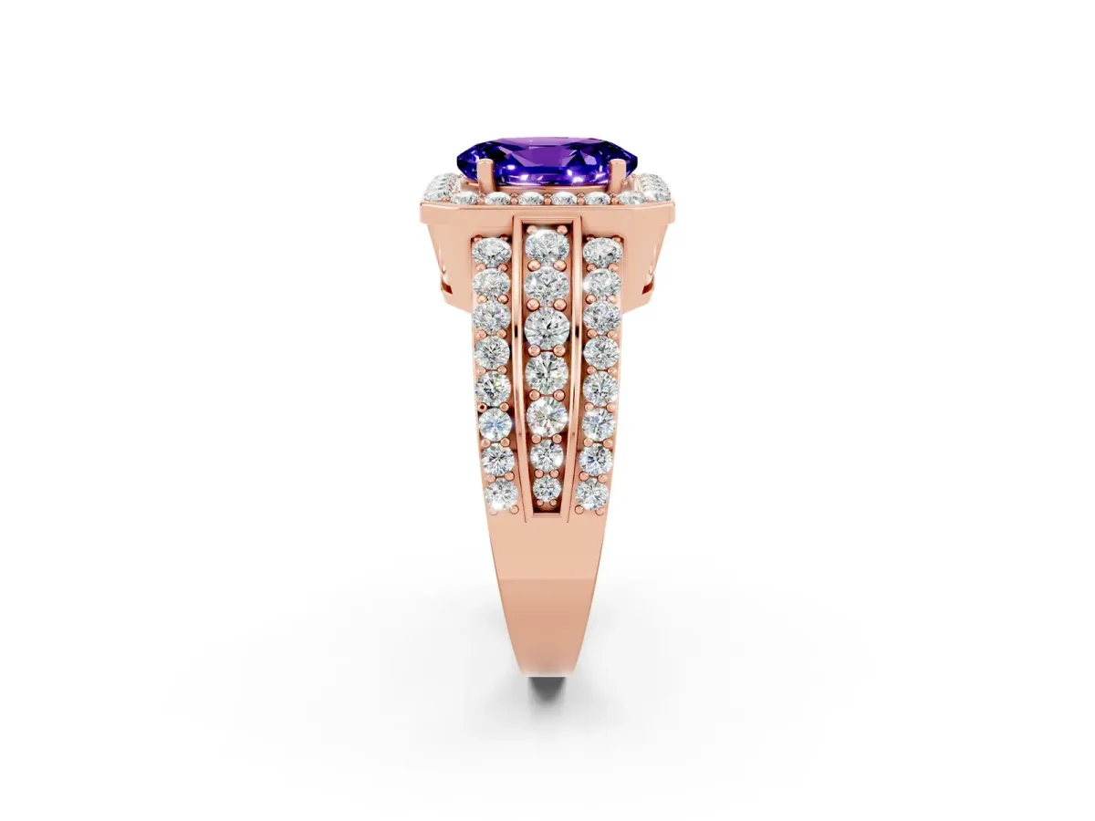 Oval Cut Halo Tanzanite Ring with Round Split Shank and Prong Setting Rose gold