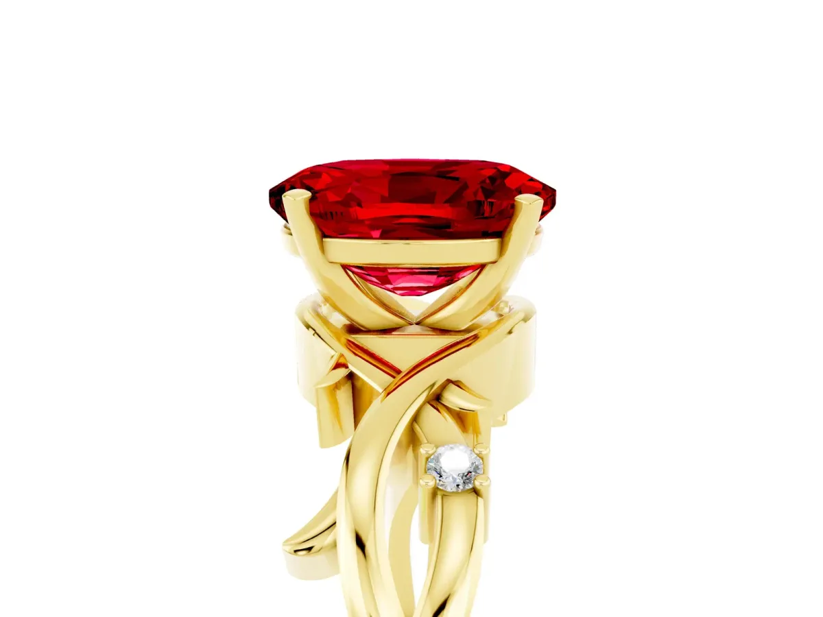 Oval Cut Ruby Solitaire Ring with Twisted Band and Prong Setting Yellow gold