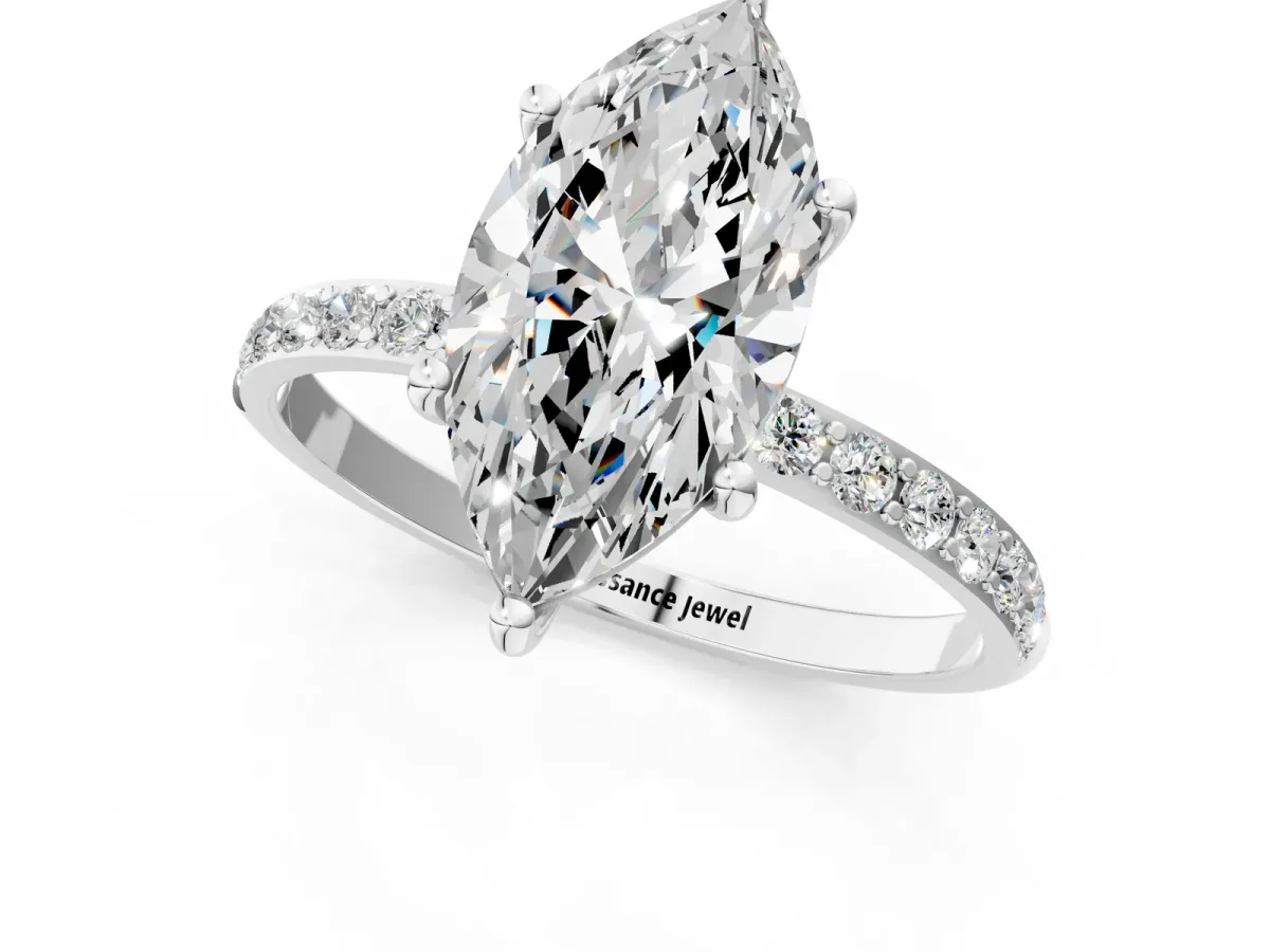 Marquise Cut Diamond Solitaire Ring with Round Pavé Shoulders and Prong Setting White gold