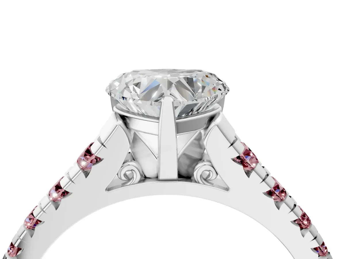 Heart Cut Diamond Cathedral Solitaire Ring with Round Morganite Pavé Band Silver