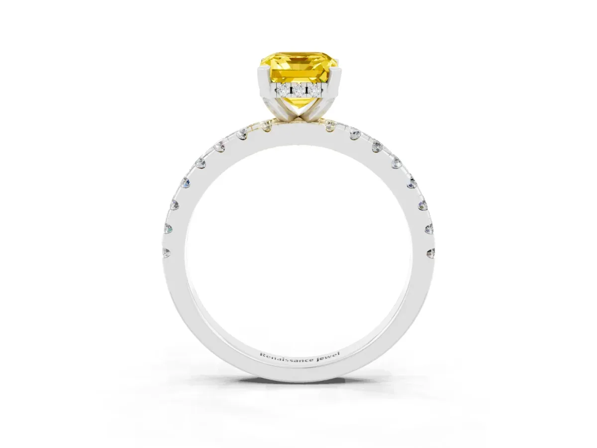 Emerald Cut Yellow Sapphire Solitaire Ring with Round Pavé Band and Four-Prong Setting Silver