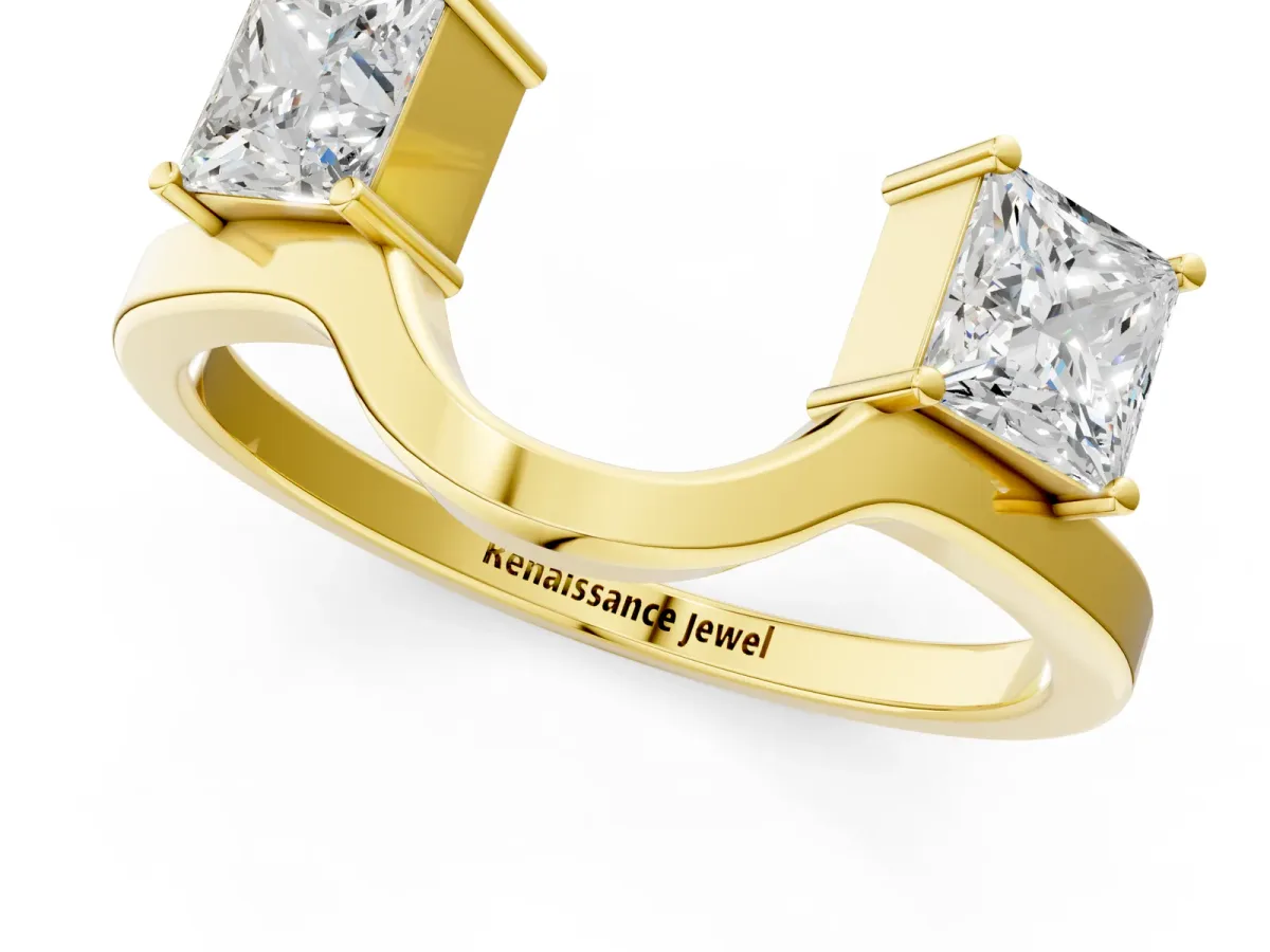Princess Cut Diamond Two-Stone Open Band Ring with Four-Prong Setting Yellow gold