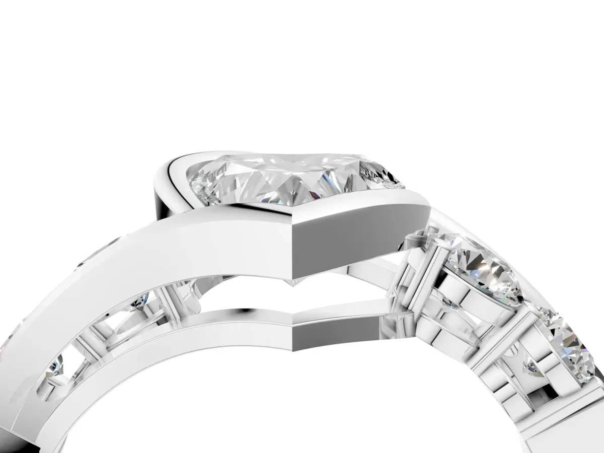 Bezel Set Heart Cut Diamond Bypass Ring with Round Accents White gold