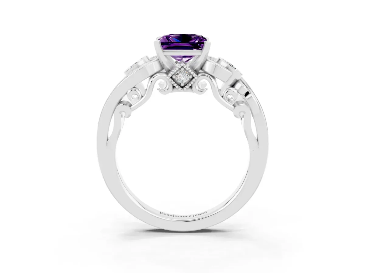 Princess Cut Amethyst Solitaire Ring with Milgrain Pavé Band and Four-Prong Setting Silver