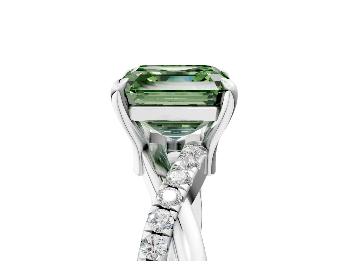 Fancy Green Asscher Cut Cut Twist Band Solitaire Diamond Ring with Pavé Setting Platinum
