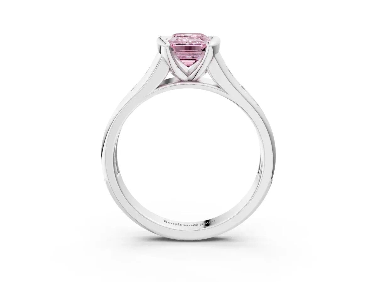 Fancy Pink Emerald Cut Solitaire Bezel-Set Diamond Ring with Channel-Set Band Platinum