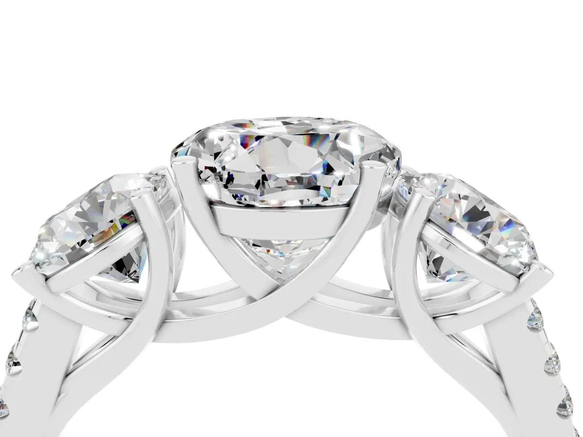 Three-Stone Round Cut Moissanite Ring with Round Pavé Band and Prong Setting Silver