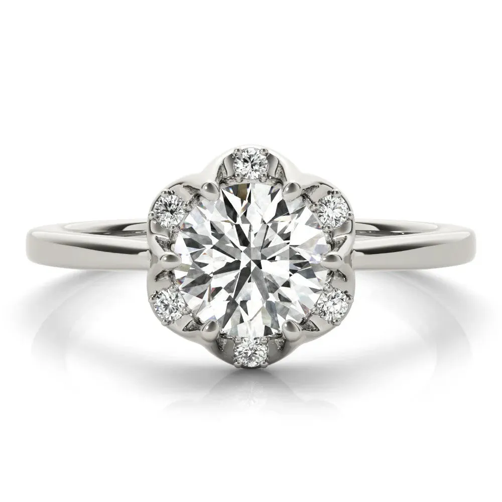 Round Cut Brilliant Halo Solitaire Ring with Scalloped Prong Setting Silver