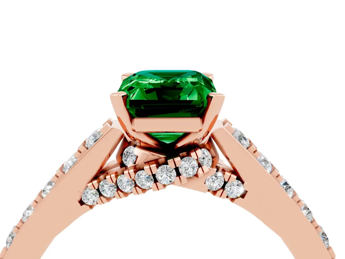 Emerald Cut Emerald Solitaire Ring with Crossover Gallery and Round Pavé Band Rose gold
