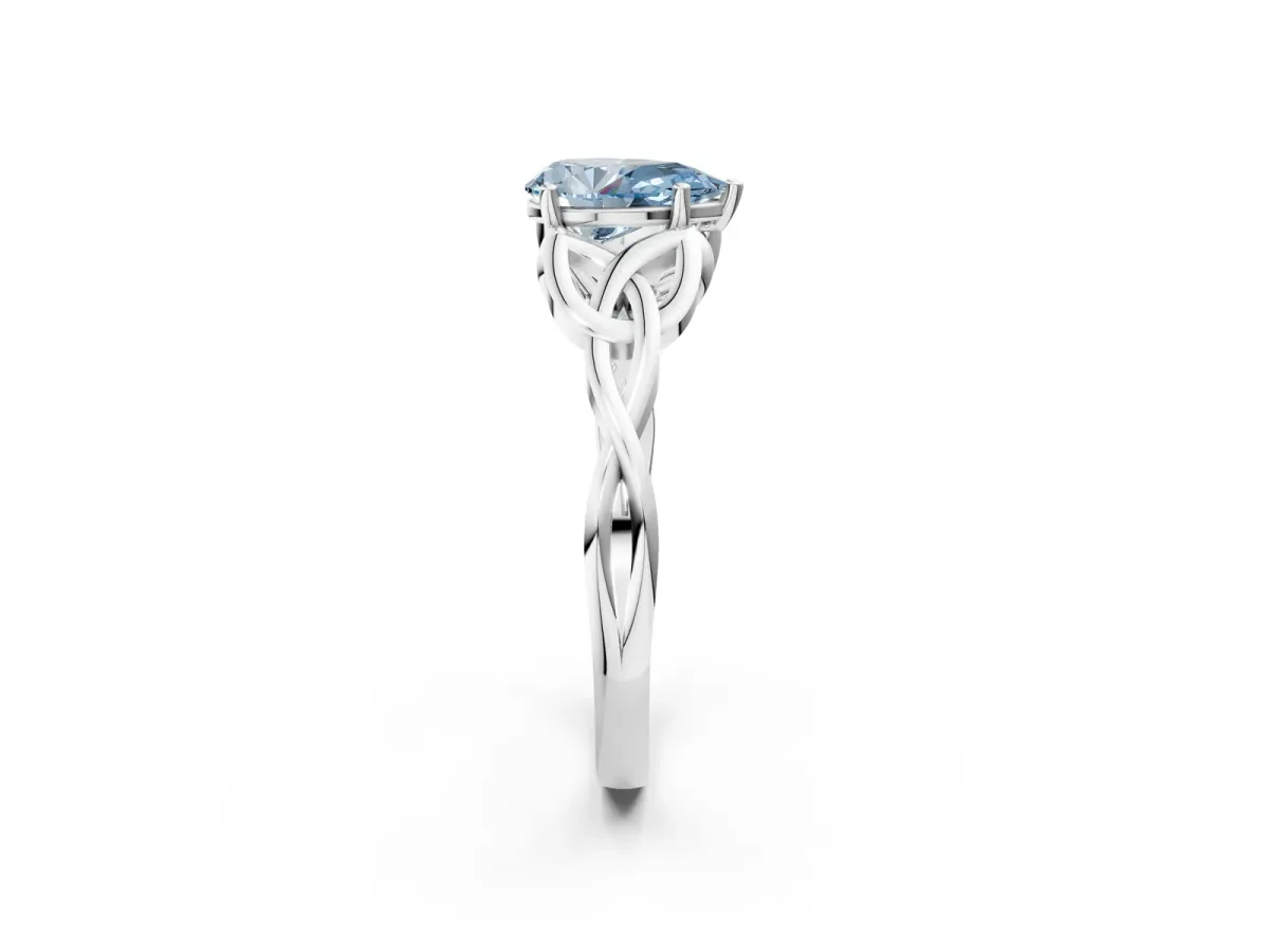 Fancy Blue Pear Cut Diamond Solitaire Celtic Knot Ring with Four-Prong Setting White gold