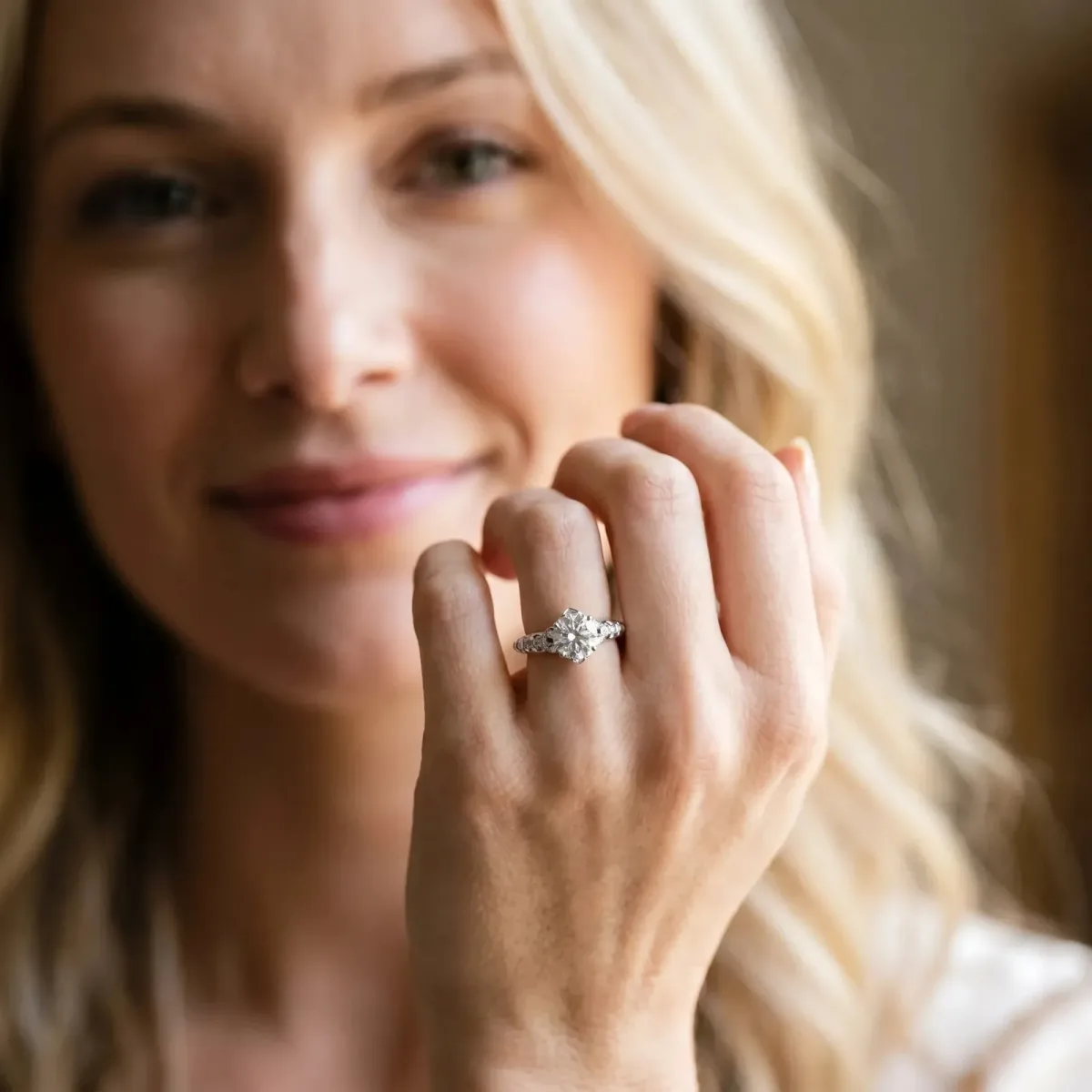 Round Cut Diamond Solitaire Ring with Hidden Halo and Pavé Band Silver