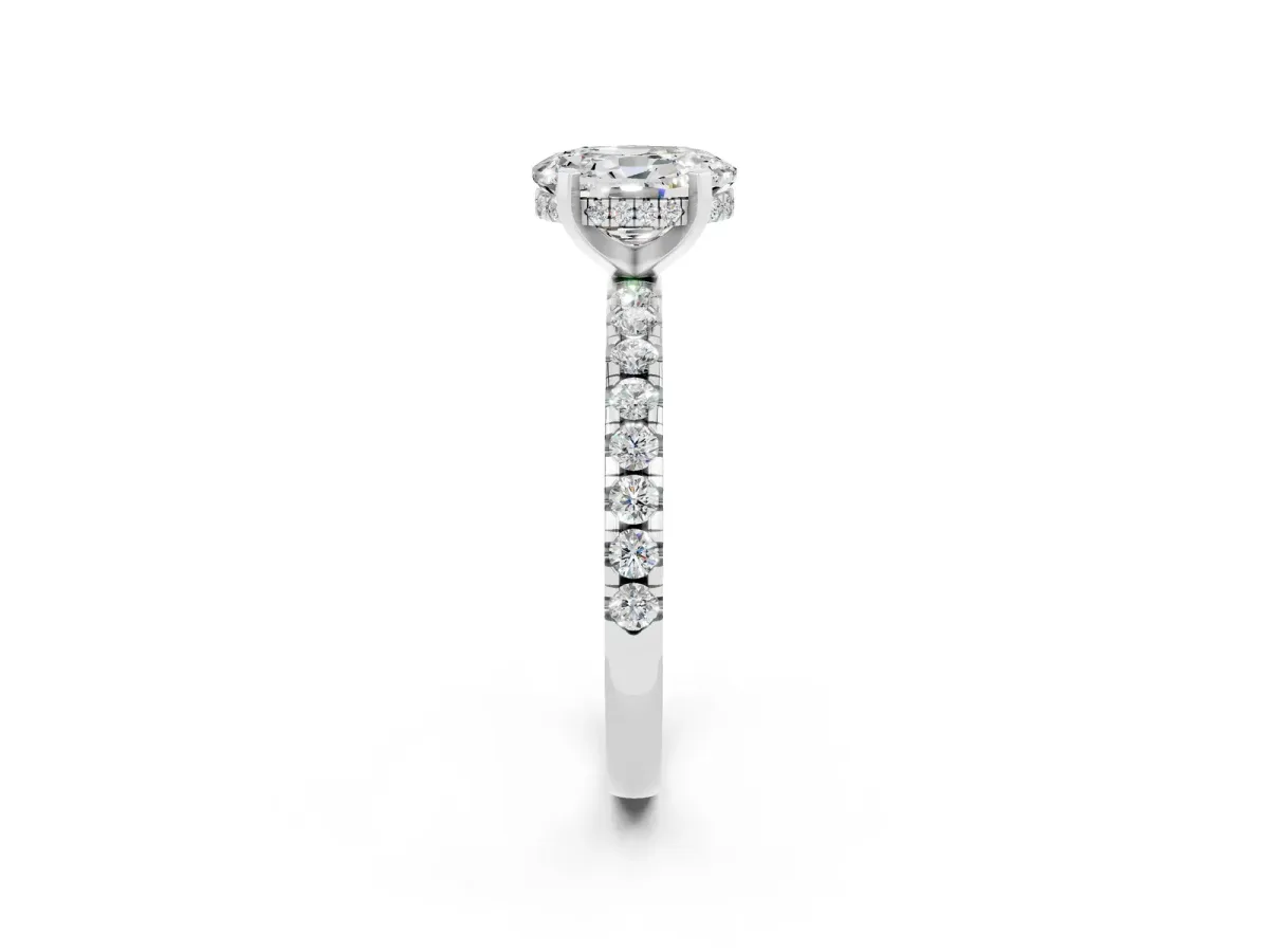 Oval Cut Moissanite Solitaire Ring with Round Pavé Band and Four-Prong Setting Silver
