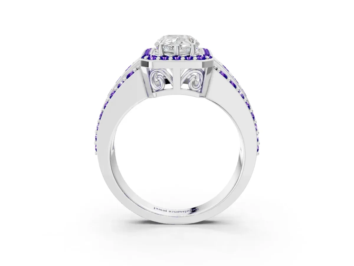 Pear Cut Halo Diamond Ring with Round Tanzanite Split Shank and Prong Setting Silver