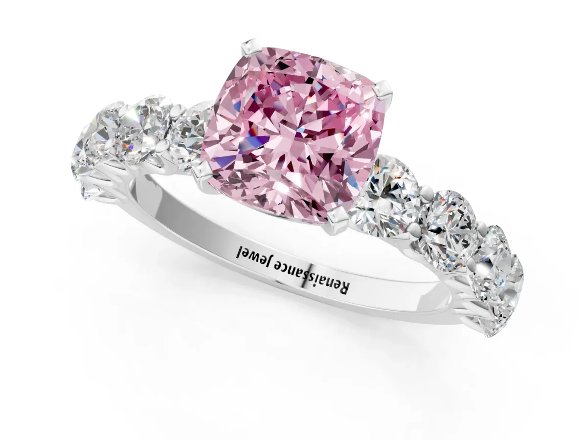 Fancy Pink Cushion Cut Diamond Prong Setting with Side Stones on a Pave Band Silver