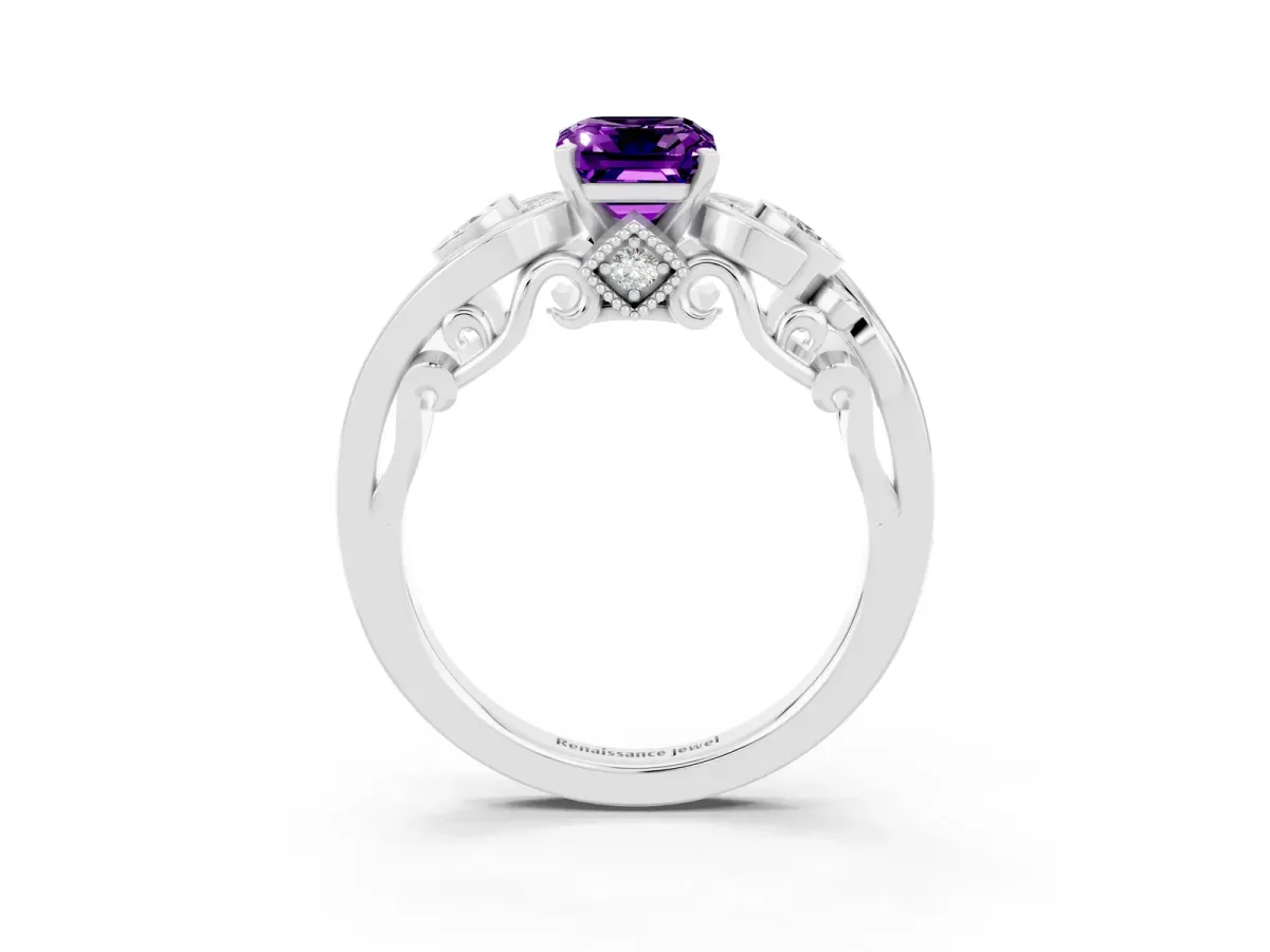 Emerald Cut Amethyst Solitaire Ring with Milgrain Pavé Band and Four-Prong Setting Silver