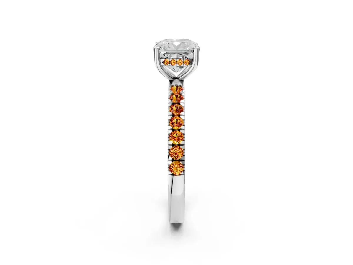 Cushion Cut Diamond Pave Band Solitaire Ring with Round Citrine and Prong Setting Platinum