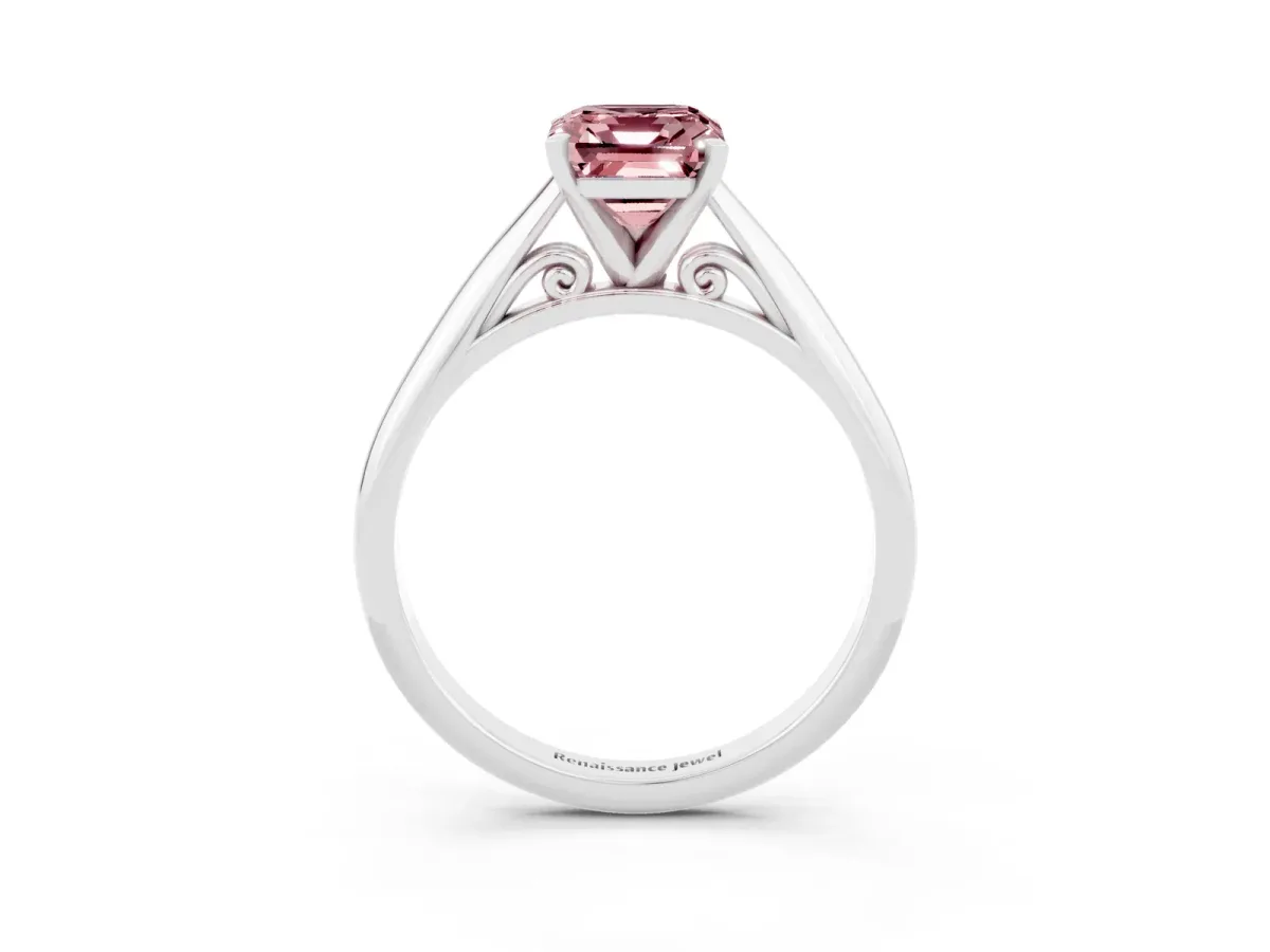 Emerald Cut Morganite Solitaire Engagement Ring with Cathedral Setting and Four-Prong Mount White gold