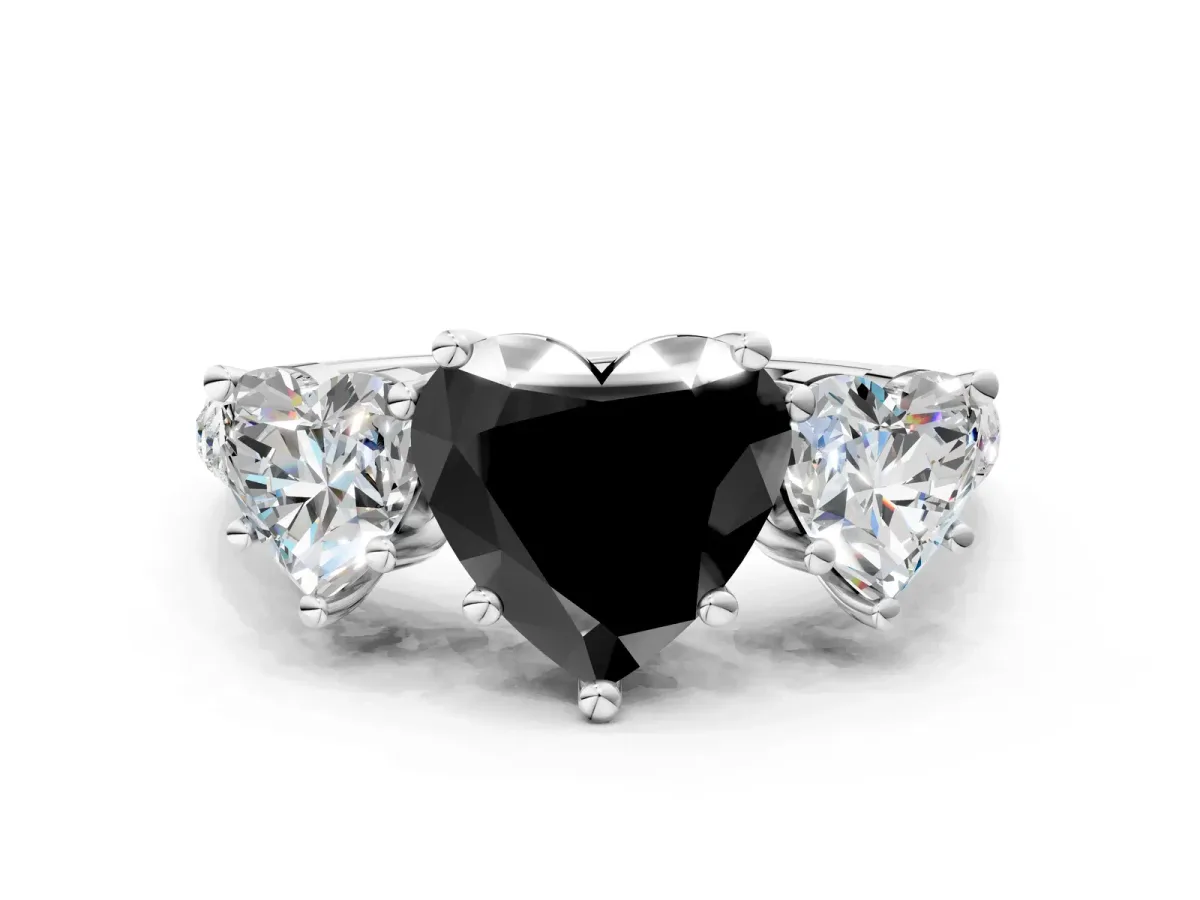 Fancy Black Three-Stone Heart Cut Diamond Ring with Round Pavé Band and Prong Setting Silver