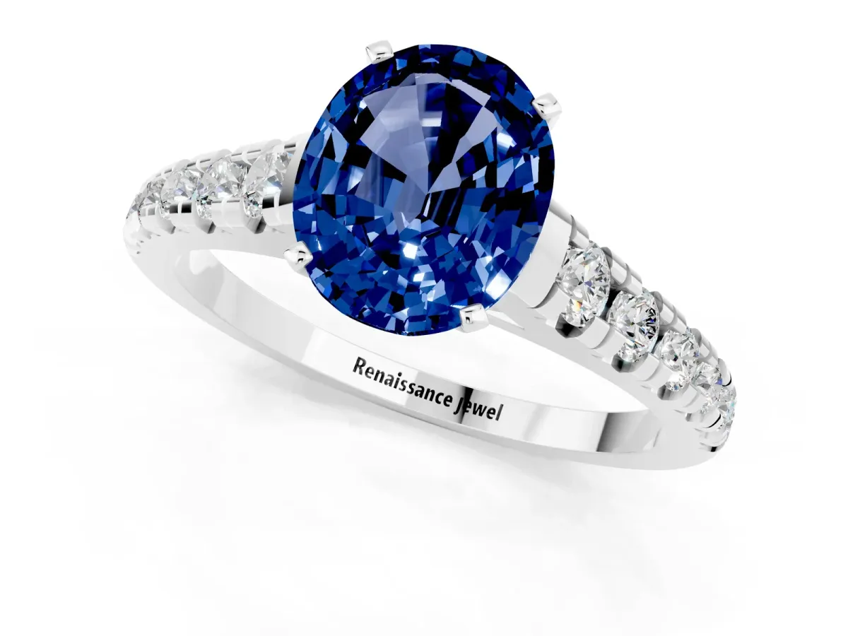 Oval Cut Blue Sapphire Cathedral Solitaire Ring with Round Pavé Band Silver