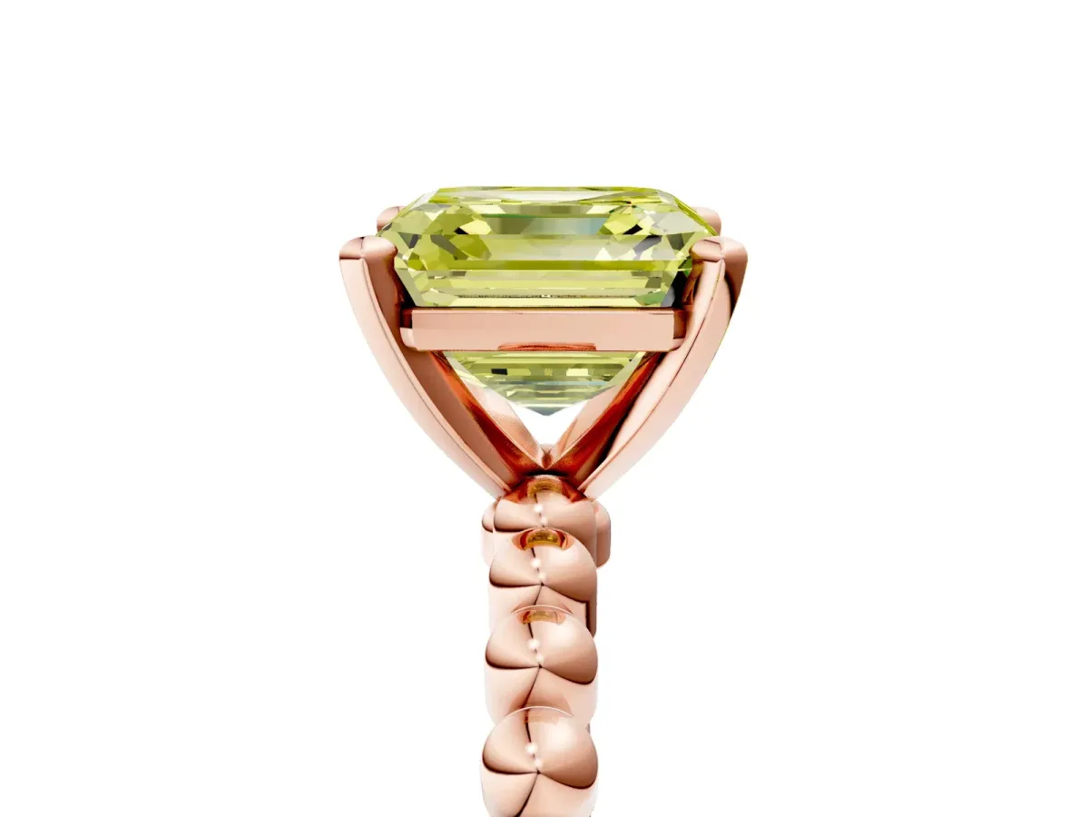 Fancy Yellow Asscher Cut Diamond Solitaire Ring with Beaded Band and Prong Setting Rose gold