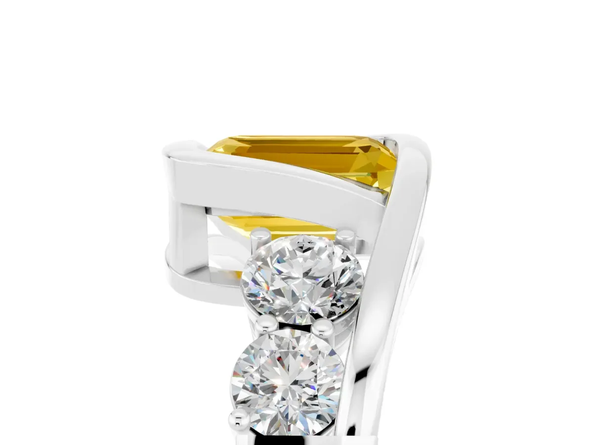 Bezel Set Emerald Cut Yellow Sapphire Bypass Ring with Round Accents Platinum