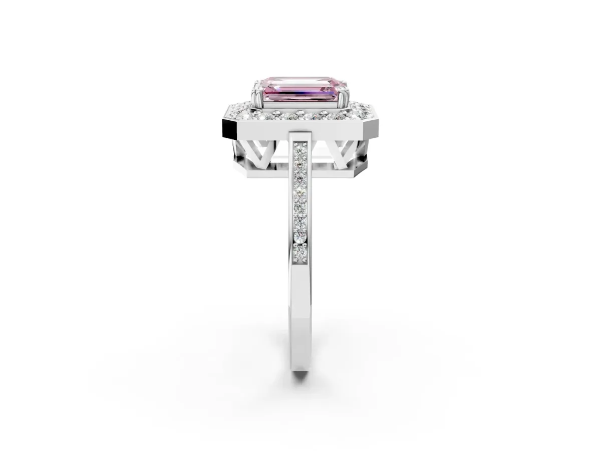 Fancy Pink Emerald Cut Diamond Halo Ring with Split Shank and Four-Prong Setting White gold