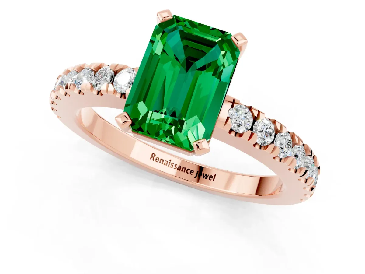 Emerald Cut Solitaire Emerald with Pavé Band and Four-Prong Setting Rose gold