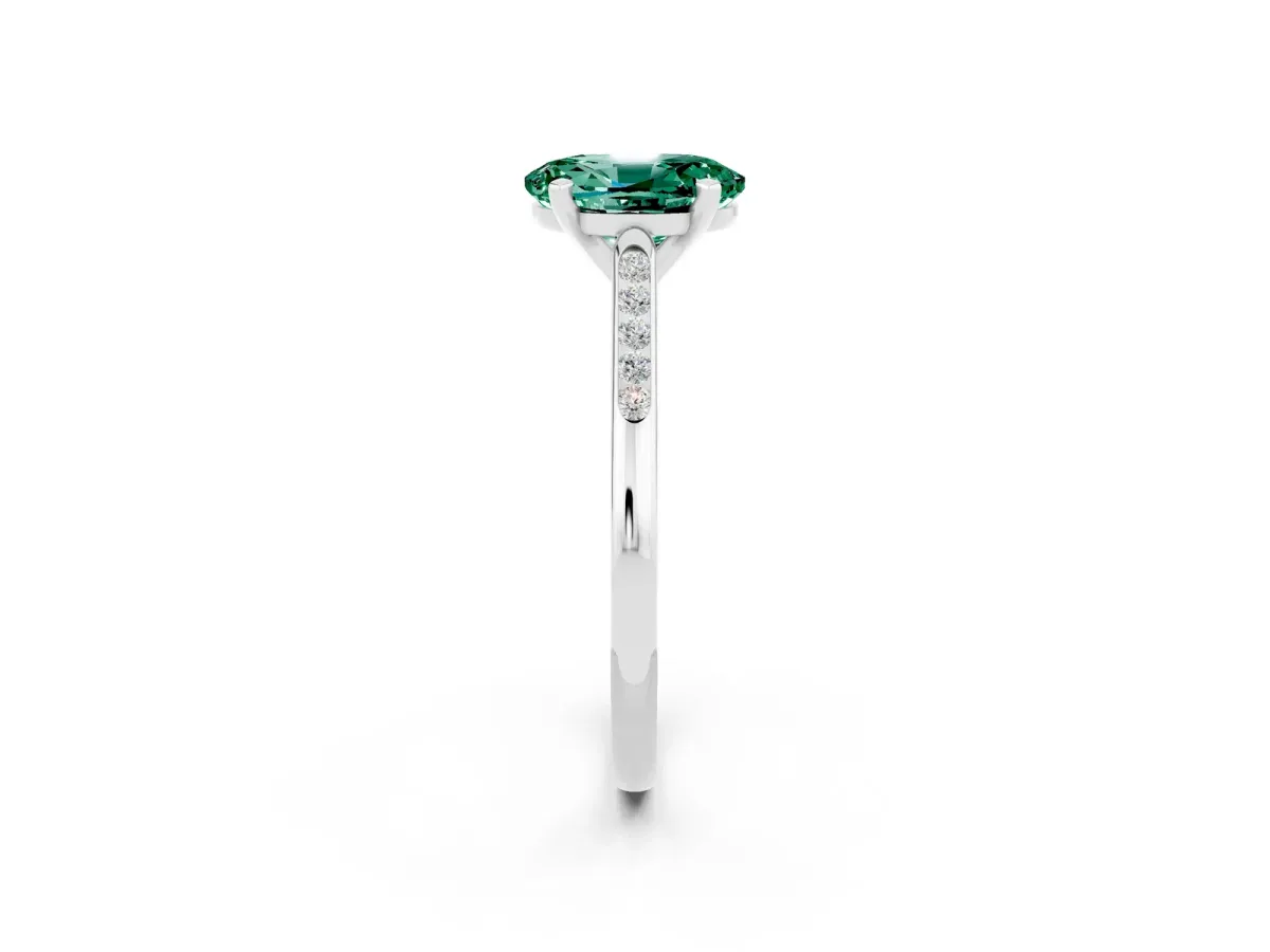 Oval Cut Green Sapphire Solitaire Ring with Channel Set Round Band and Prong Setting Silver